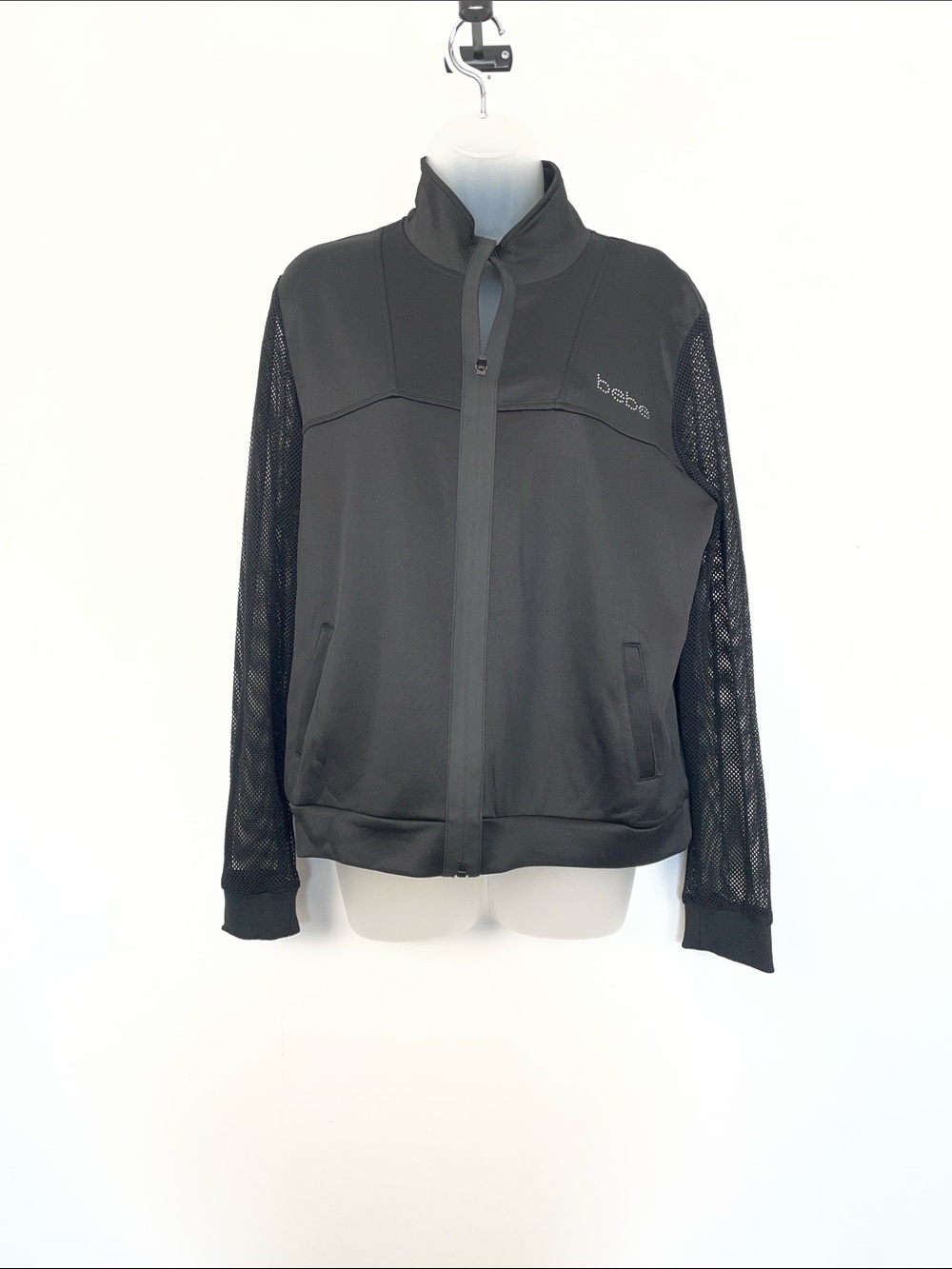 BEBE Mixed Media Mesh Knit Long Sleeve Women XL 2 Pocket Rhinestone Logo Jacket - Picture 2 of 7